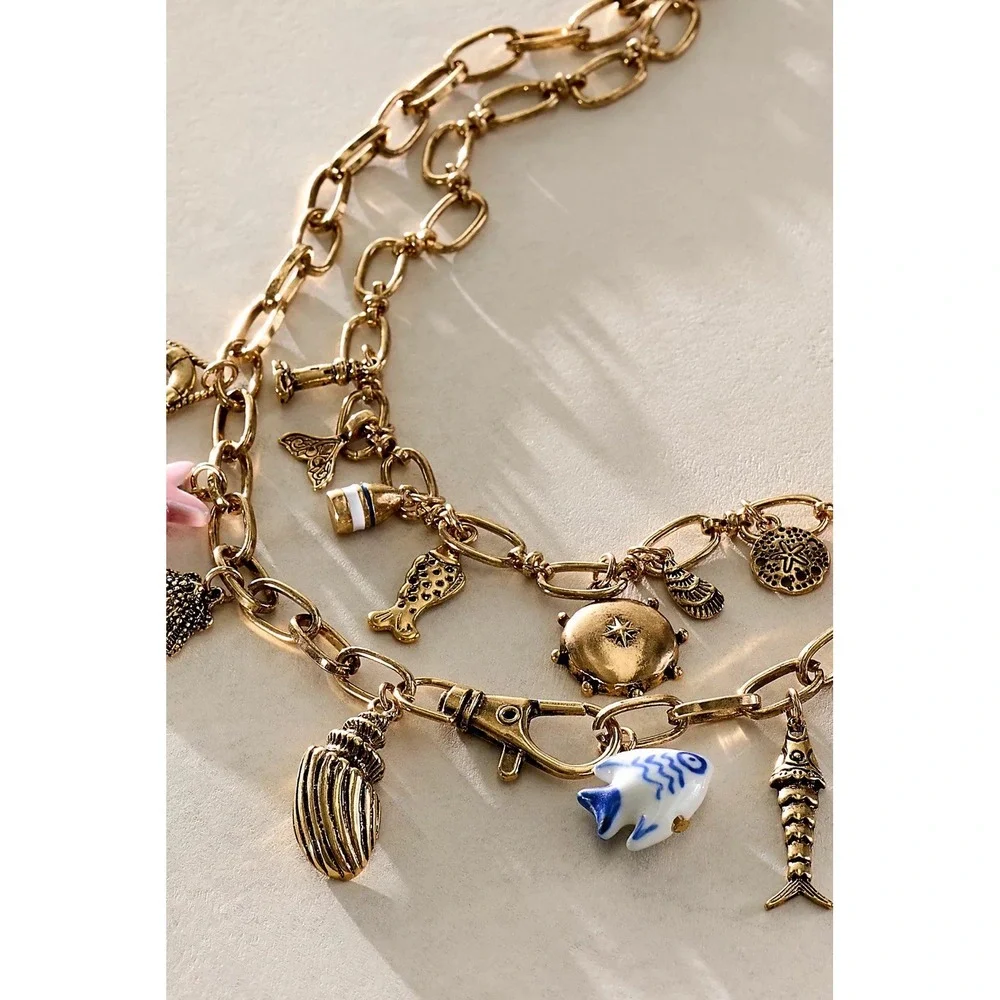 NWT Maxamillian Free People Whimsical Layer Charmer Necklace Charms Nautical Sea